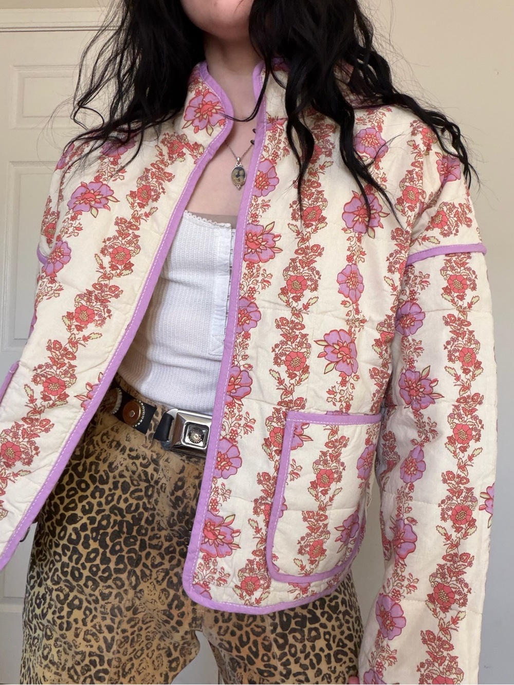 Free People Quilted Floral Puff Jacket in Cream, Pink & Lavender Trim Small - Picture 2 of 6